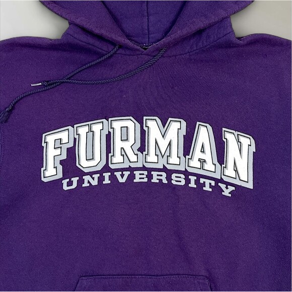 Vintage Champion Eco Furman University Hoodie Sweatshirt Purple Size Small - Picture 2 of 7